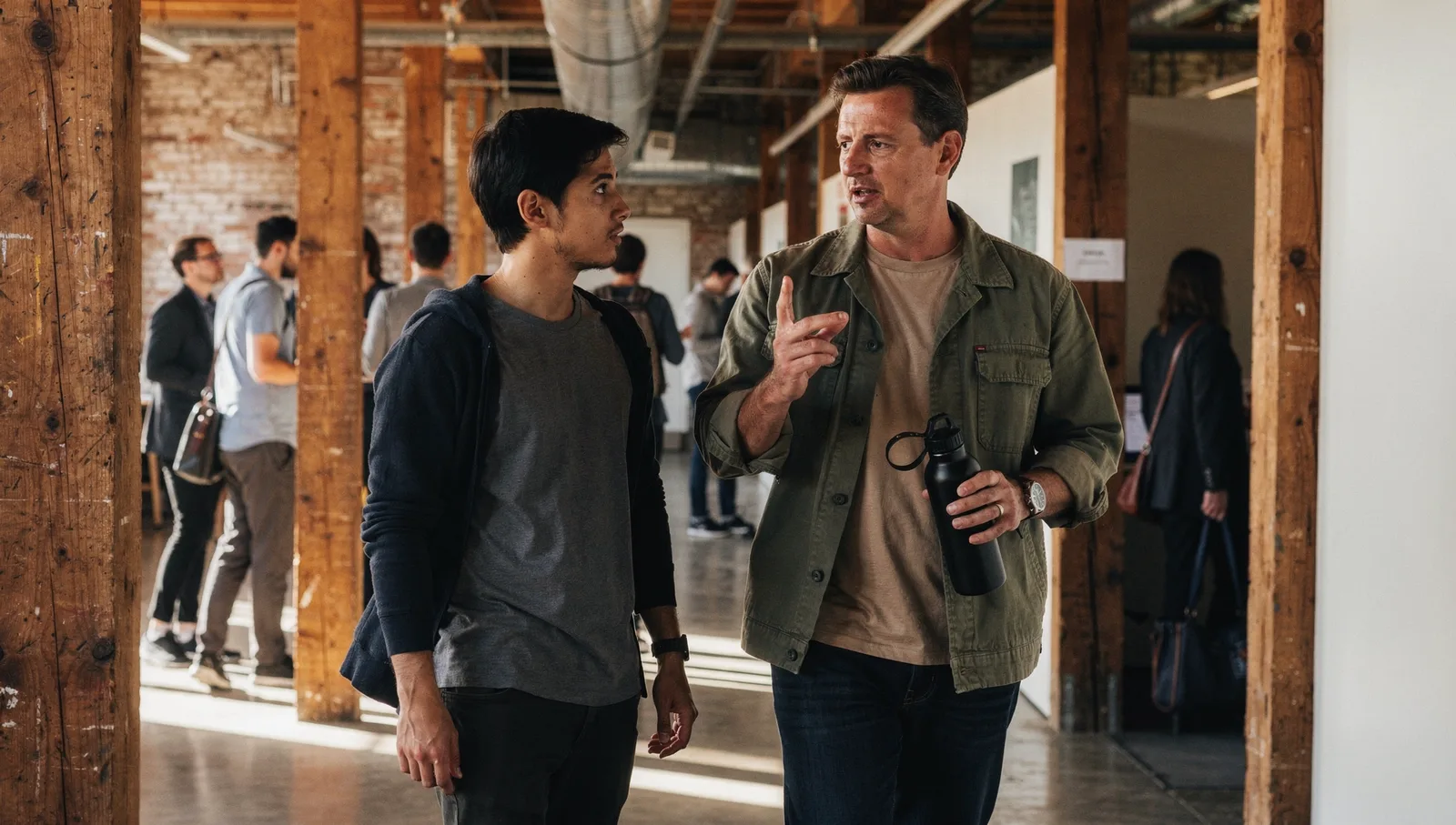 Two colleagues walk through a sunlit warehouse office corridor while having a discussion.