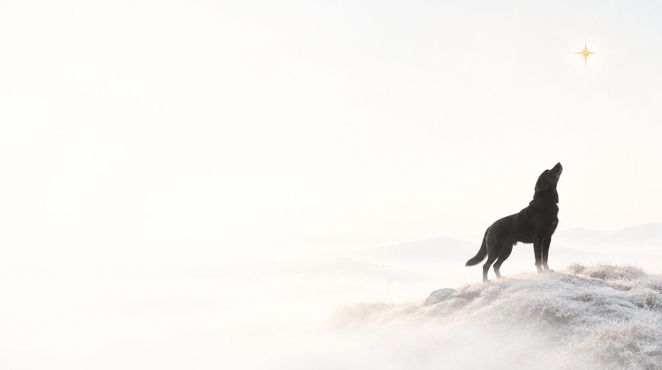 A black Labrador standing on a bright, mist-covered ridge, head raised and nose pointed toward a single gold star in a pale sky.